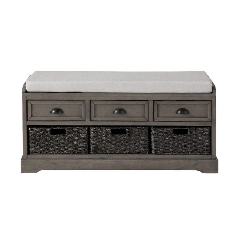 Banc de rangement en bois avec coussin, 3 tiroirs et 3 paniers