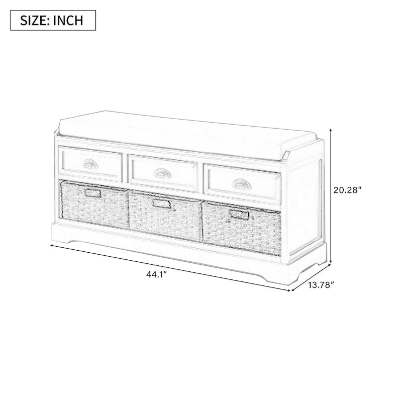 Banc de rangement en bois avec coussin, 3 tiroirs et 3 paniers