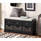 Banc de rangement en bois avec coussin, 3 tiroirs et 3 paniers