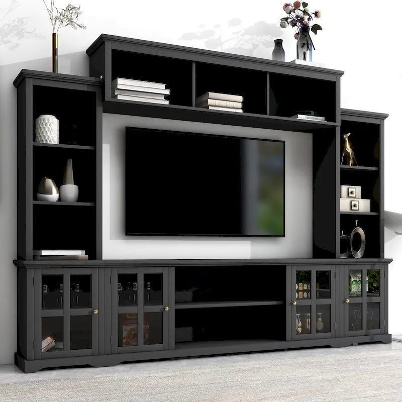 Meuble TV mural noir avec console et porte vitrée pour téléviseurs jusqu'à 70 pouces