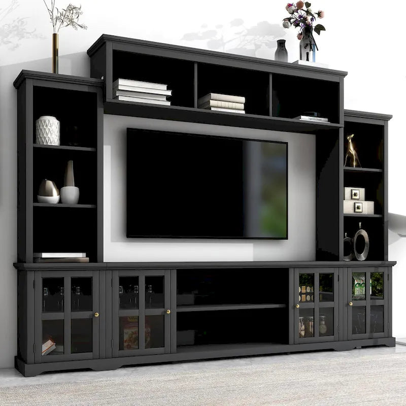 Black Entertainment Wall Unit with Bridge and Glass Door TV Console for TVs Up to 70