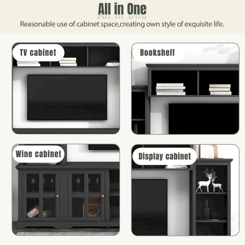 Meuble TV mural noir avec console et porte vitrée pour téléviseurs jusqu'à 70 pouces