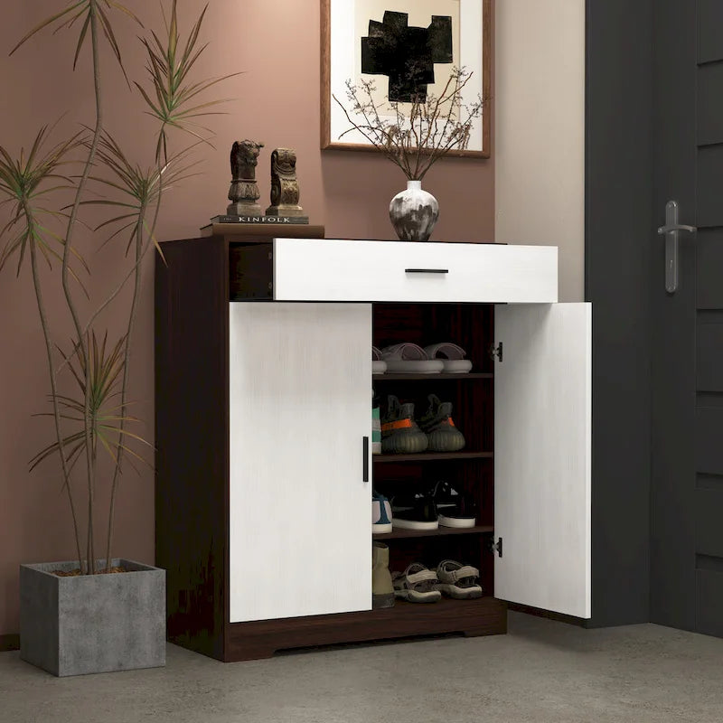 Meuble à chaussures, étagère à chaussures à 4 niveaux avec 1 tiroir, meuble de rangement à chaussures autoportant avec 2 portes et étagères réglables