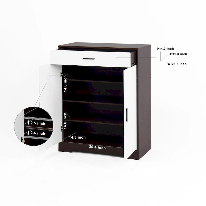 Meuble à chaussures, étagère à chaussures à 4 niveaux avec 1 tiroir, meuble de rangement à chaussures autoportant avec 2 portes et étagères réglables