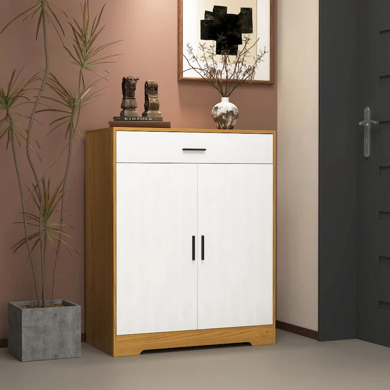 Meuble à chaussures, étagère à chaussures à 4 niveaux avec 1 tiroir, meuble de rangement à chaussures autoportant avec 2 portes et étagères réglables