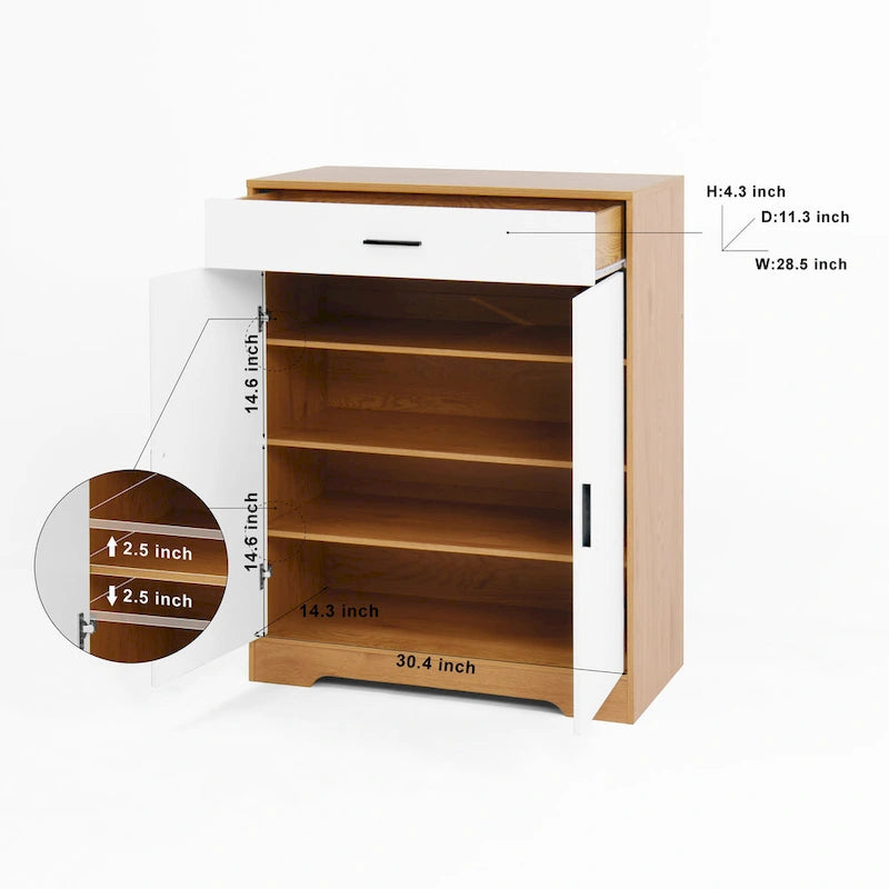 Meuble à chaussures, étagère à chaussures à 4 niveaux avec 1 tiroir, meuble de rangement à chaussures autoportant avec 2 portes et étagères réglables