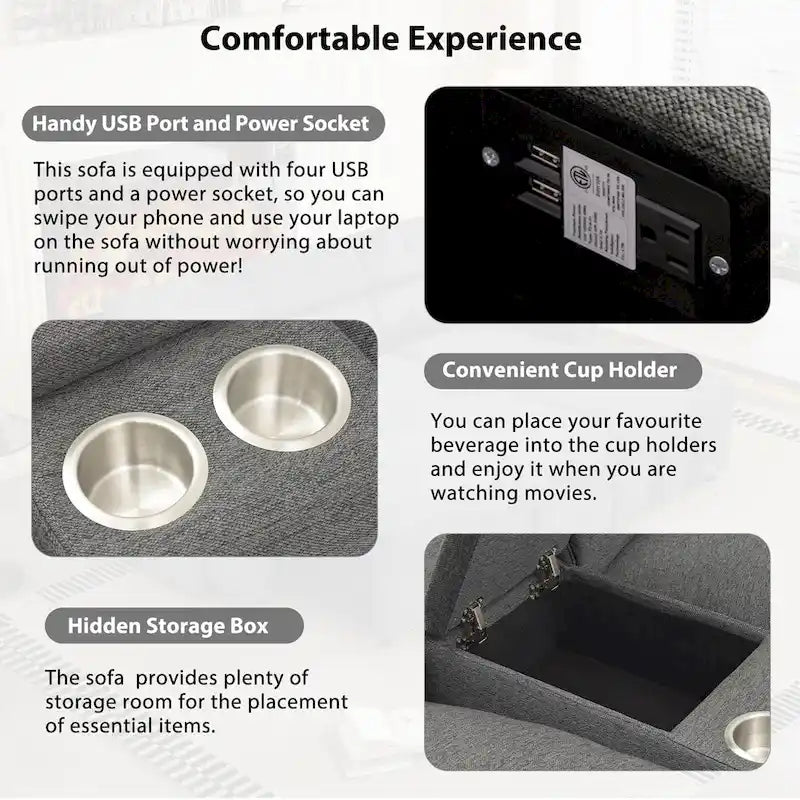 Canapé d'angle inclinable électrique, canapé sectionnel inclinable pour home cinéma avec coffre de rangement et porte-gobelets