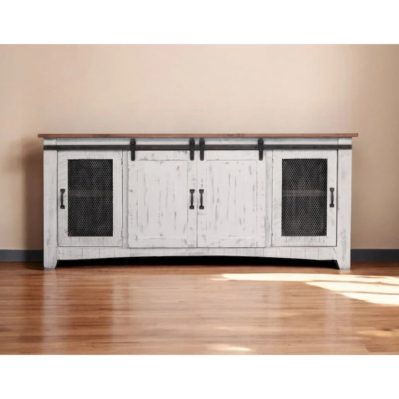 Meuble TV HomeRoots 79 en bois massif blanc, finition vieillie, avec rangement fermé - 78,75 po x 34,75 po x 19 po