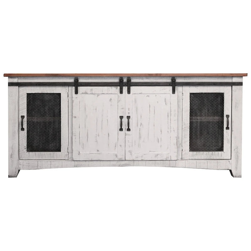 Meuble TV HomeRoots 79 en bois massif blanc, finition vieillie, avec rangement fermé - 78,75 po x 34,75 po x 19 po
