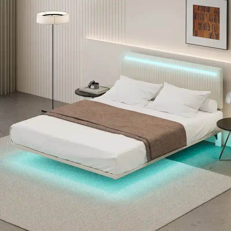 Cadre de lit moderne double avec lumières LED, télécommande pour différentes couleurs d'éclairage, éclairage à détecteur de mouvement, sommier non requis