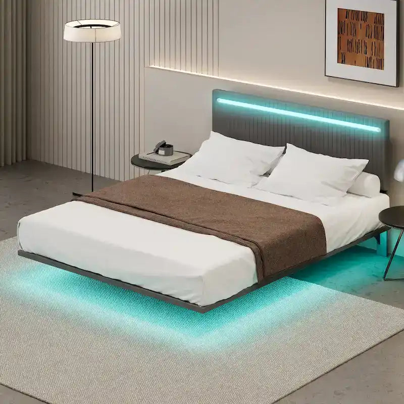 Cadre de lit moderne double avec lumières LED, télécommande pour différentes couleurs d'éclairage, éclairage à détecteur de mouvement, sommier non requis
