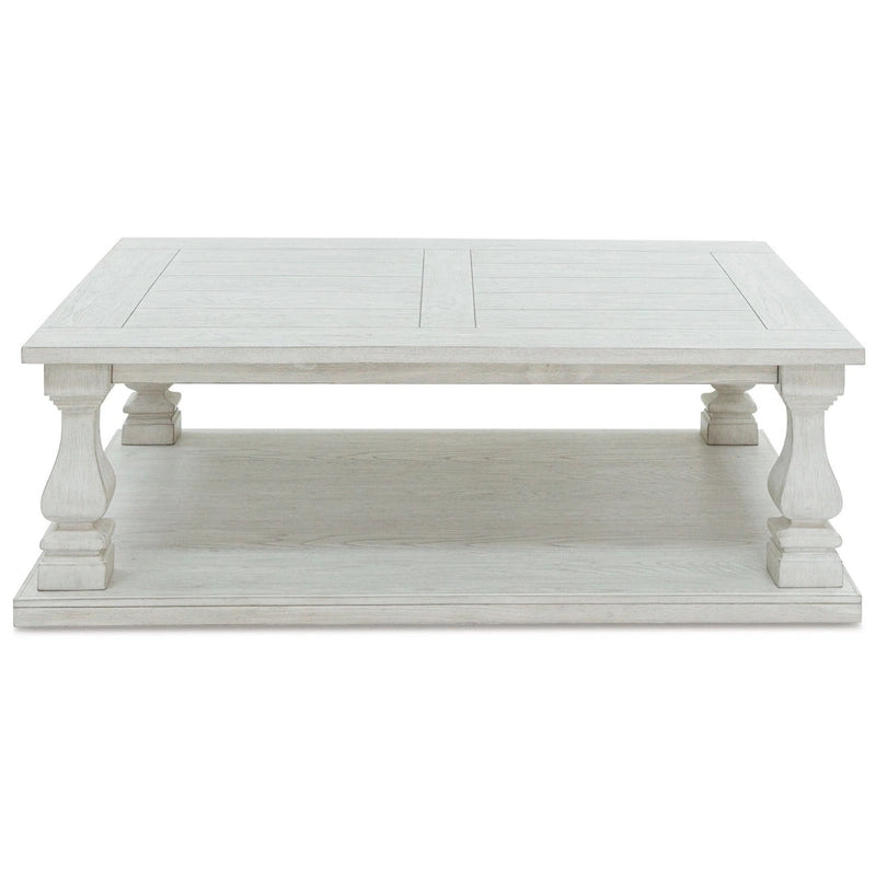 Table basse cocktail Dyne, plateau à lattes, balustres, 137 cm (54 pouces) en bois blanc