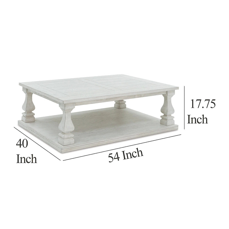 Table basse cocktail Dyne, plateau à lattes, balustres, 137 cm (54 pouces) en bois blanc