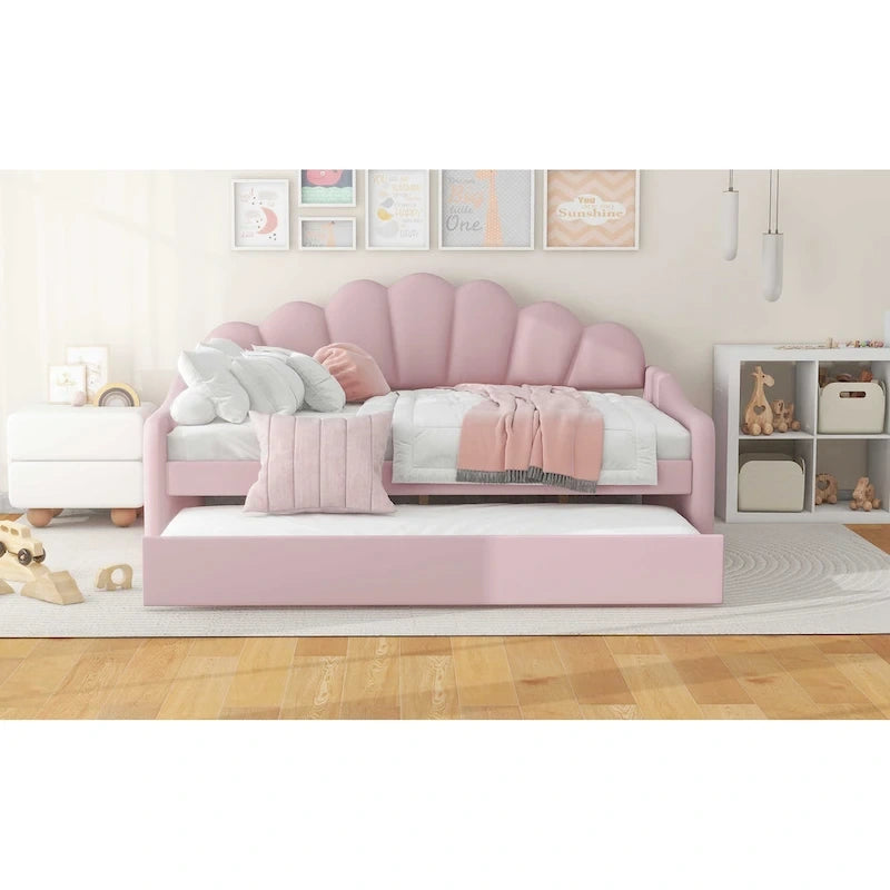 Cadre de lit de jour rembourré pleine grandeur avec dossier incurvé et lit gigogne, blanc