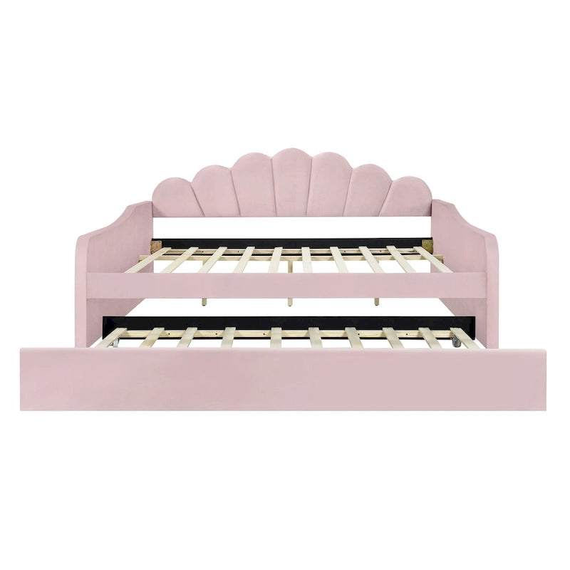 Cadre de lit de jour rembourré pleine grandeur avec dossier incurvé et lit gigogne, blanc