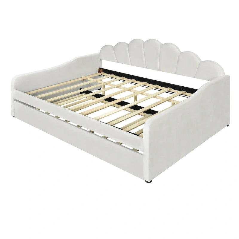 Cadre de lit de jour rembourré pleine grandeur avec dossier incurvé et lit gigogne, blanc