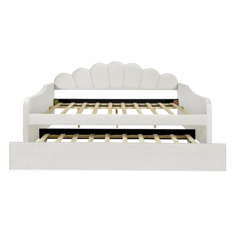 Cadre de lit de jour rembourré pleine grandeur avec dossier incurvé et lit gigogne, blanc