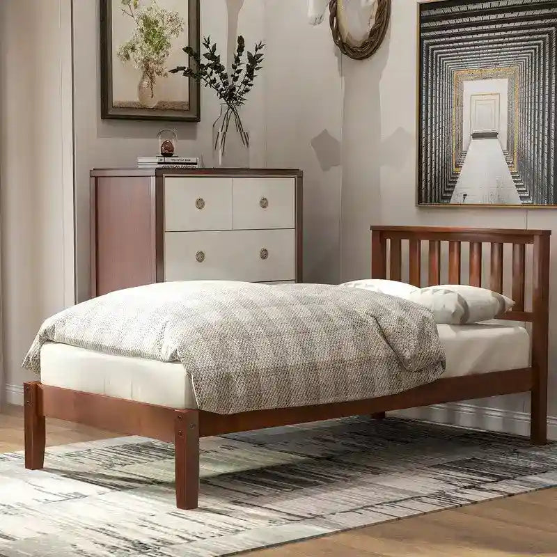 Twin Wood Platform Bed with Headboard and Wood Slat Support