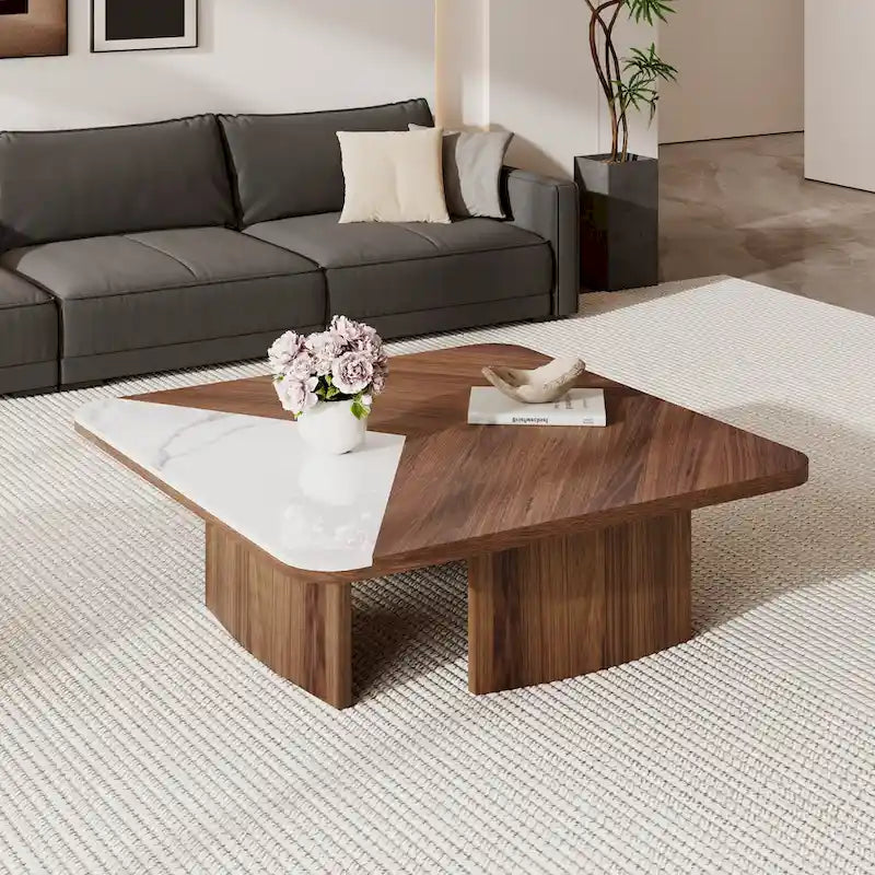 Table basse carrée moderne de 90 cm, placage en bois massif avec plateau en pierre frittée blanche
