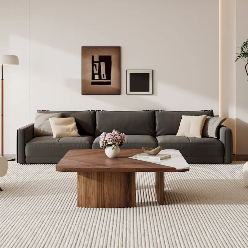 Table basse carrée moderne de 90 cm, placage en bois massif avec plateau en pierre frittée blanche