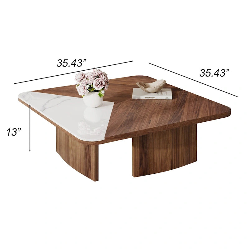 Table basse carrée moderne de 90 cm, placage en bois massif avec plateau en pierre frittée blanche