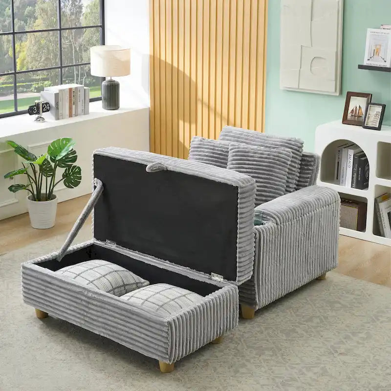Canapé confortable en velours côtelé avec de nombreux coussins et options de rangement