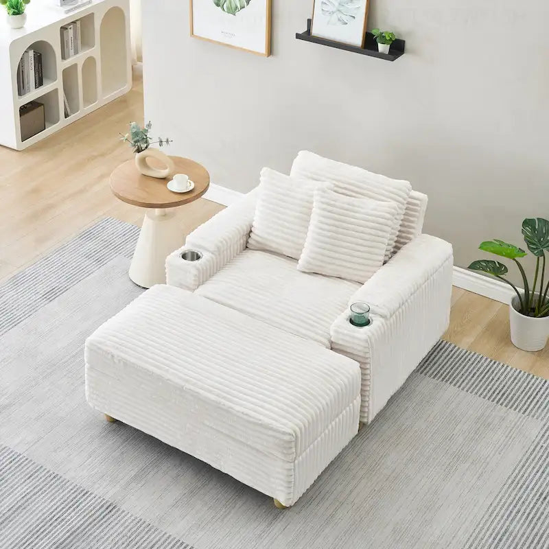 Canapé confortable en velours côtelé avec de nombreux coussins et options de rangement