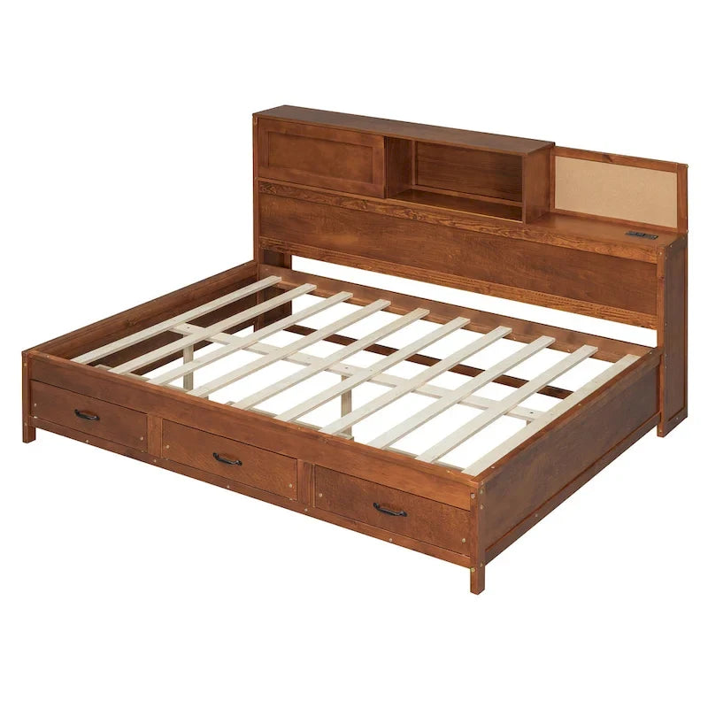 Lit de jour en bois pleine grandeur avec 3 tiroirs de rangement, ports USB, étagère coulissante, noyer