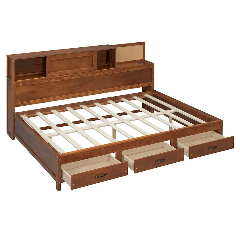 Lit de jour en bois pleine grandeur avec 3 tiroirs de rangement, ports USB, étagère coulissante, noyer