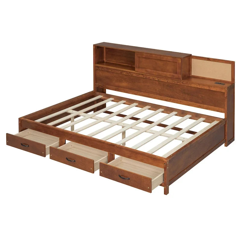Lit de jour en bois pleine grandeur avec 3 tiroirs de rangement, ports USB, étagère coulissante, noyer