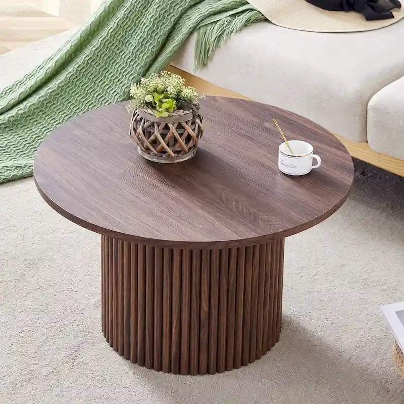 Table basse ronde moderne avec pieds cylindriques, table centrale en bois avec espace de rangement dissimulé, table à thé pour salon