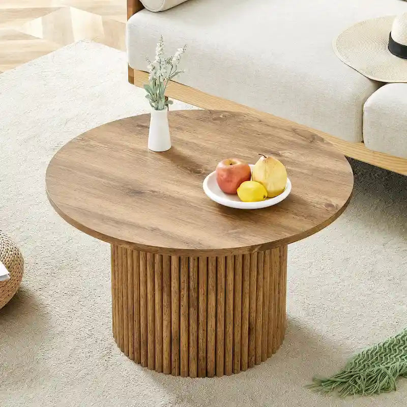 Modern Round Coffee Table with Cylindrical Legs Wooden Center Table with Concealed Storage Space Living Room Tea Table