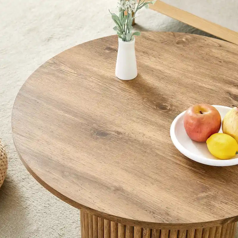 Table basse ronde moderne avec pieds cylindriques, table centrale en bois avec espace de rangement dissimulé, table à thé pour salon