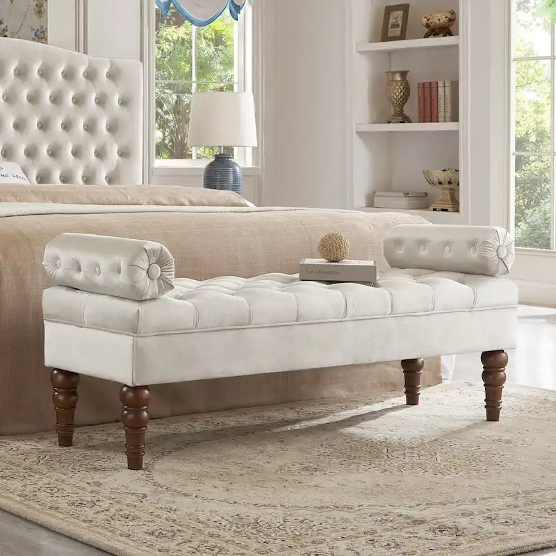 Velvet Long Bed Bench for Bedroom,Upholstered Window Bench with Tufted Button,Entryway Bench,Bolster Bench for Living Room