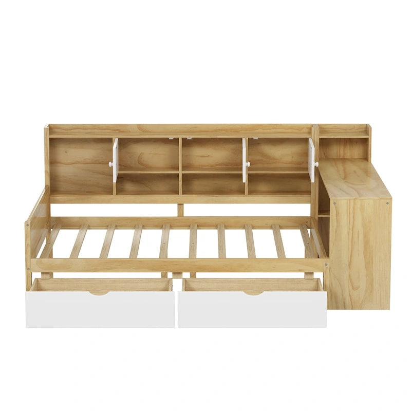 Lit d'angle en bois avec rangement, méridienne multifonctionnelle en forme de L avec bureau