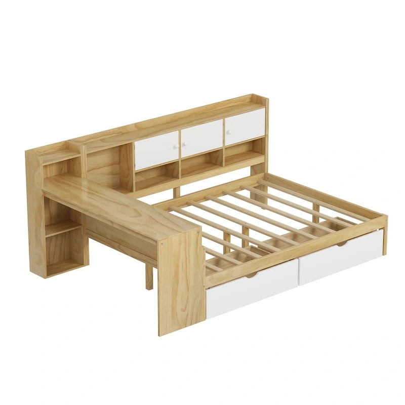 Lit d'angle en bois avec rangement, méridienne multifonctionnelle en forme de L avec bureau