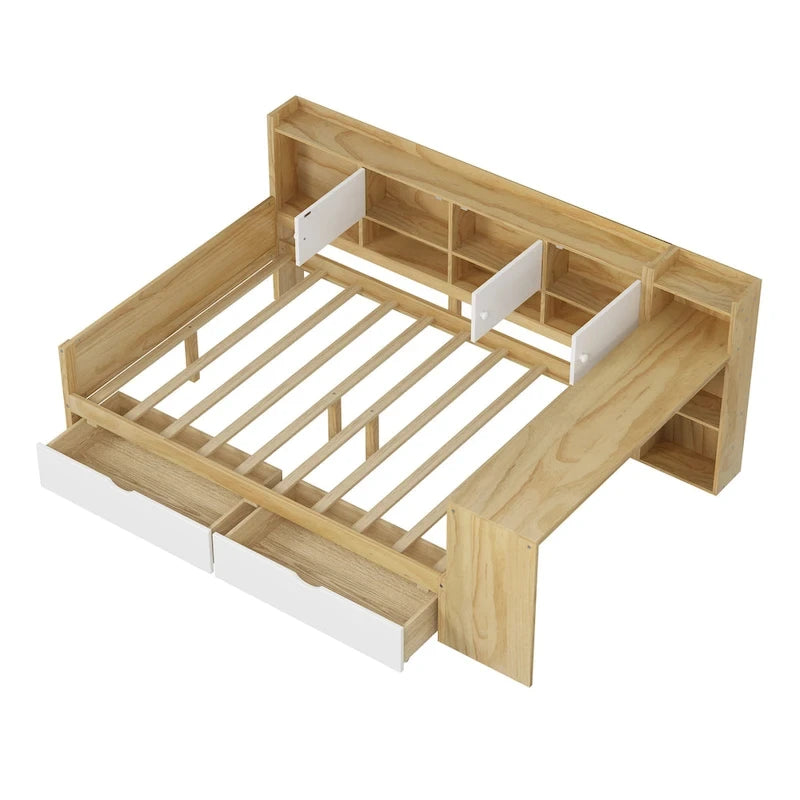 Lit d'angle en bois avec rangement, méridienne multifonctionnelle en forme de L avec bureau