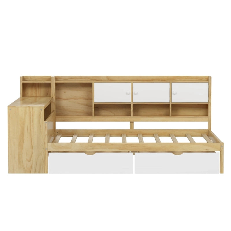 Lit d'angle en bois avec rangement, méridienne multifonctionnelle en forme de L avec bureau