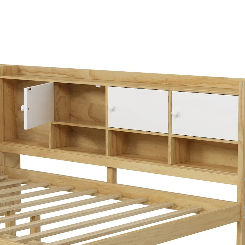 Lit d'angle en bois avec rangement, méridienne multifonctionnelle en forme de L avec bureau