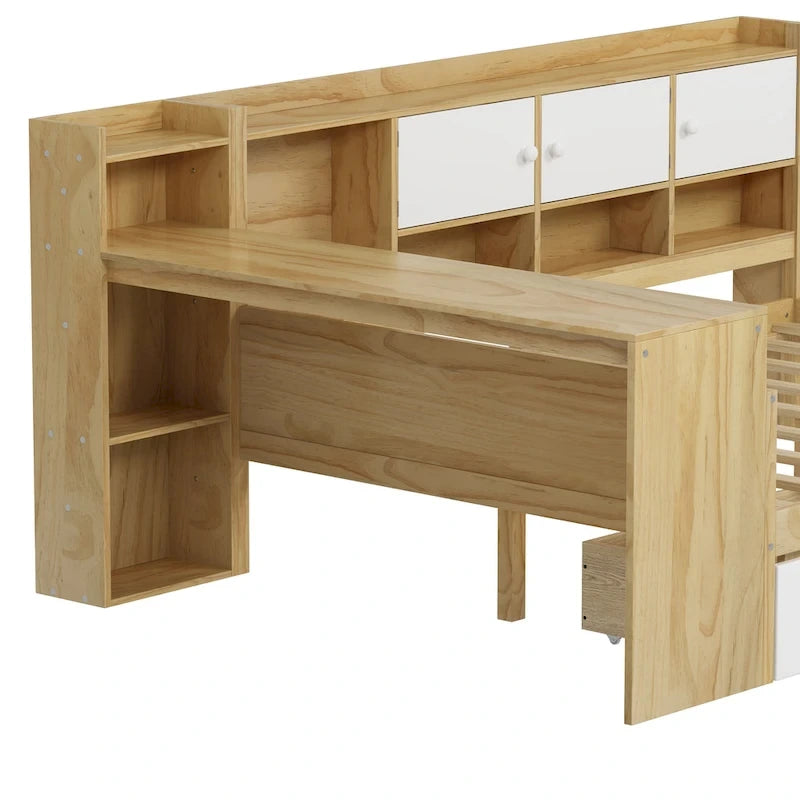 Lit d'angle en bois avec rangement, méridienne multifonctionnelle en forme de L avec bureau