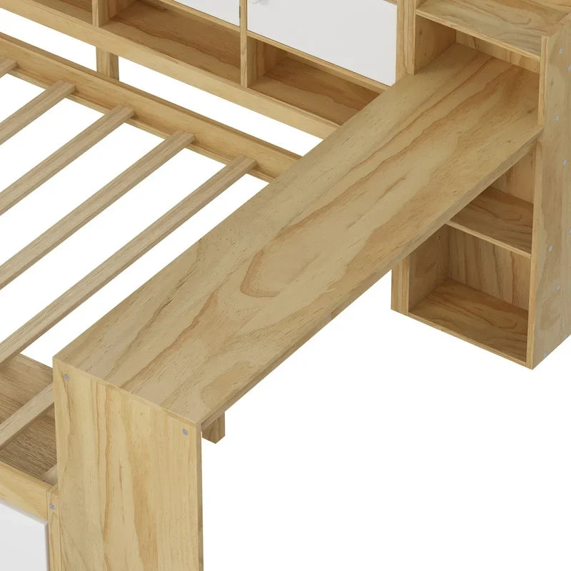 Lit d'angle en bois avec rangement, méridienne multifonctionnelle en forme de L avec bureau