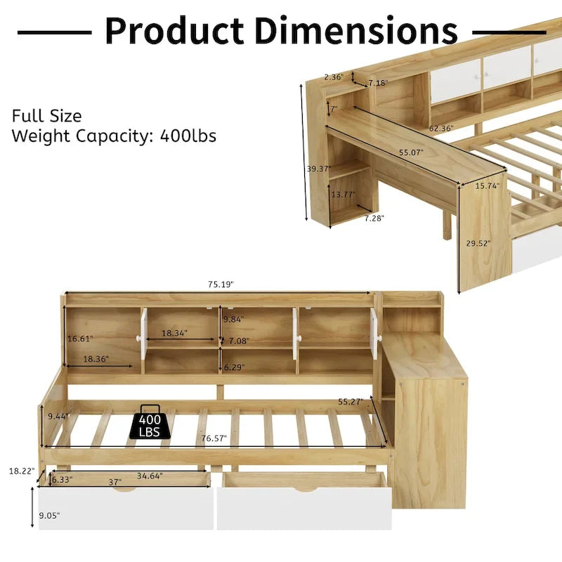 Lit d'angle en bois avec rangement, méridienne multifonctionnelle en forme de L avec bureau
