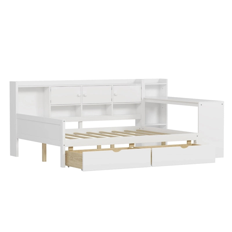 Lit d'angle en bois avec rangement, méridienne multifonctionnelle en forme de L avec bureau