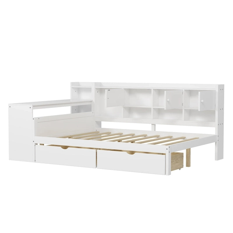 Lit d'angle en bois avec rangement, méridienne multifonctionnelle en forme de L avec bureau