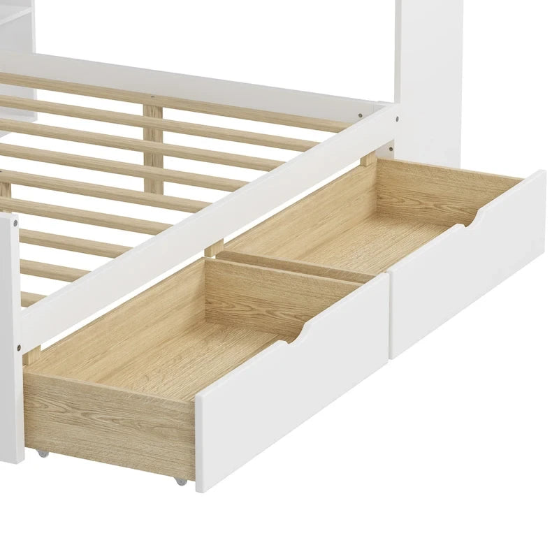 Lit d'angle en bois avec rangement, méridienne multifonctionnelle en forme de L avec bureau