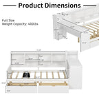 Lit d'angle en bois avec rangement, méridienne multifonctionnelle en forme de L avec bureau