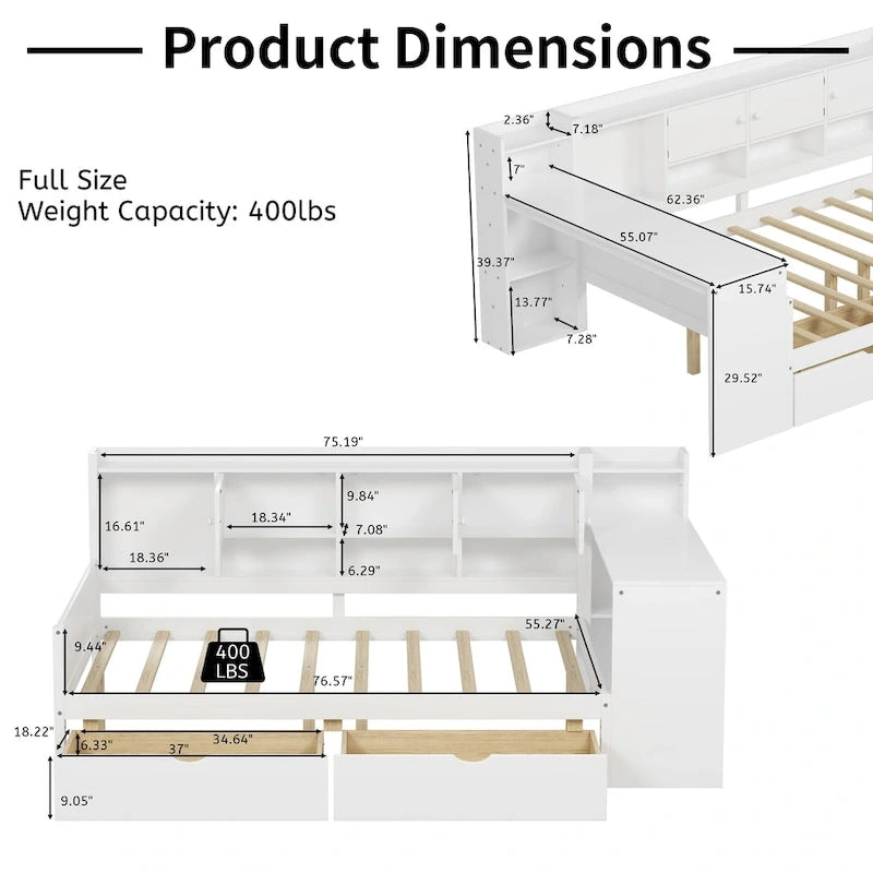Lit d'angle en bois avec rangement, méridienne multifonctionnelle en forme de L avec bureau