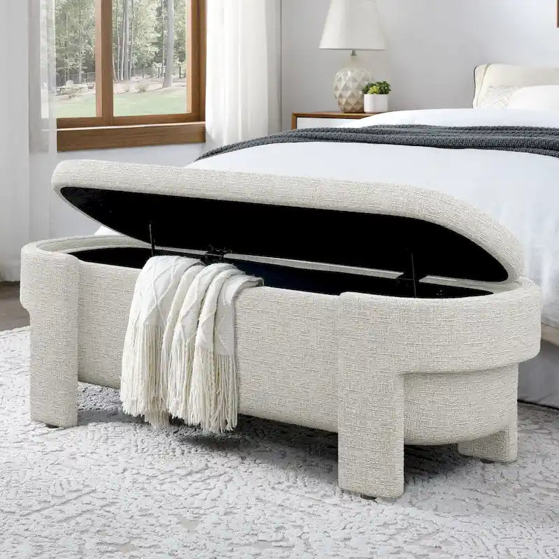 Banc de rangement ovale rembourré avec grand espace de rangement, repose-pieds en lin pour chambre ou salon