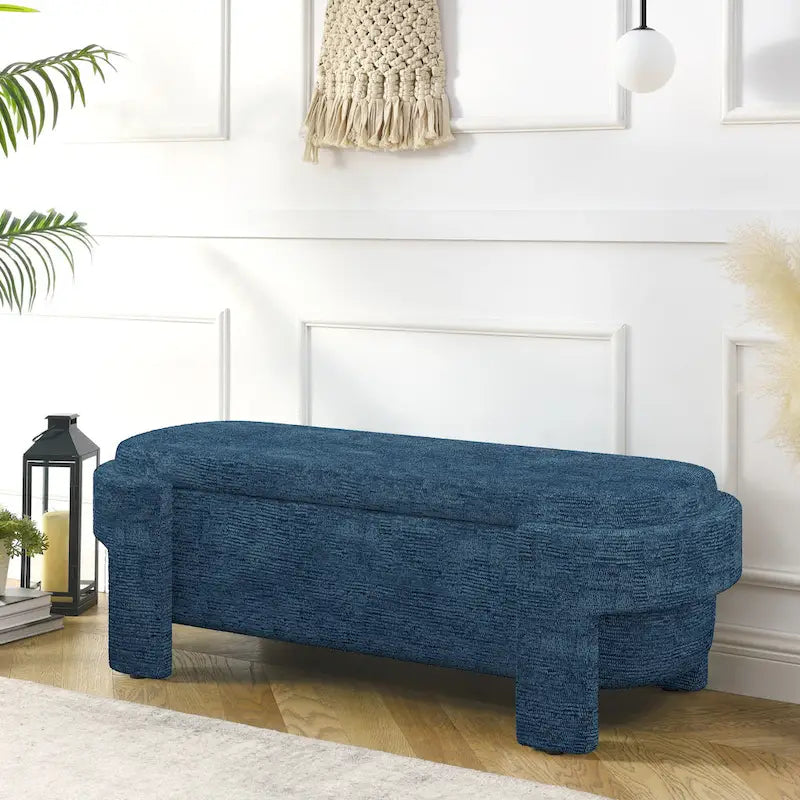 Banc de rangement ovale rembourré avec grand espace de rangement, repose-pieds en lin pour chambre ou salon