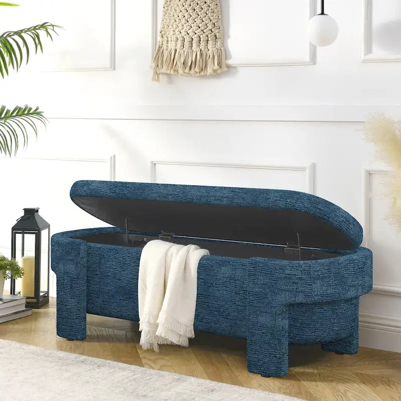 Banc de rangement ovale rembourré avec grand espace de rangement, repose-pieds en lin pour chambre ou salon